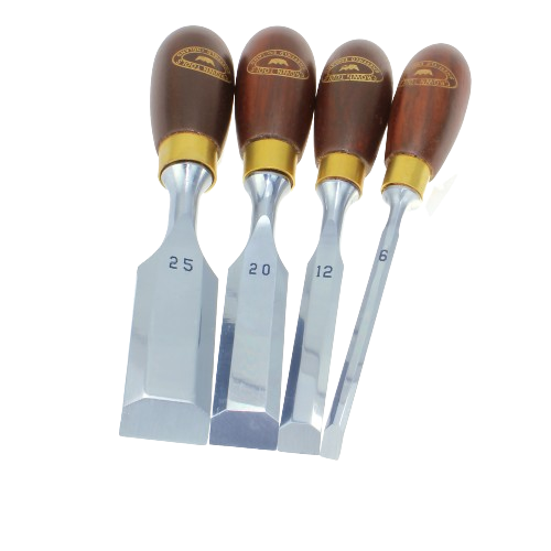 Set of four steel butt chisels with polished blades and wooden handles for woodworking and home improvement tasks