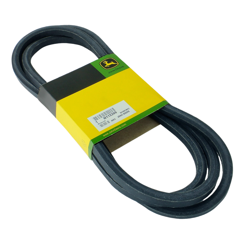 Black rubber V-belt with John Deere branded yellow and green packaging for tools and home improvement use