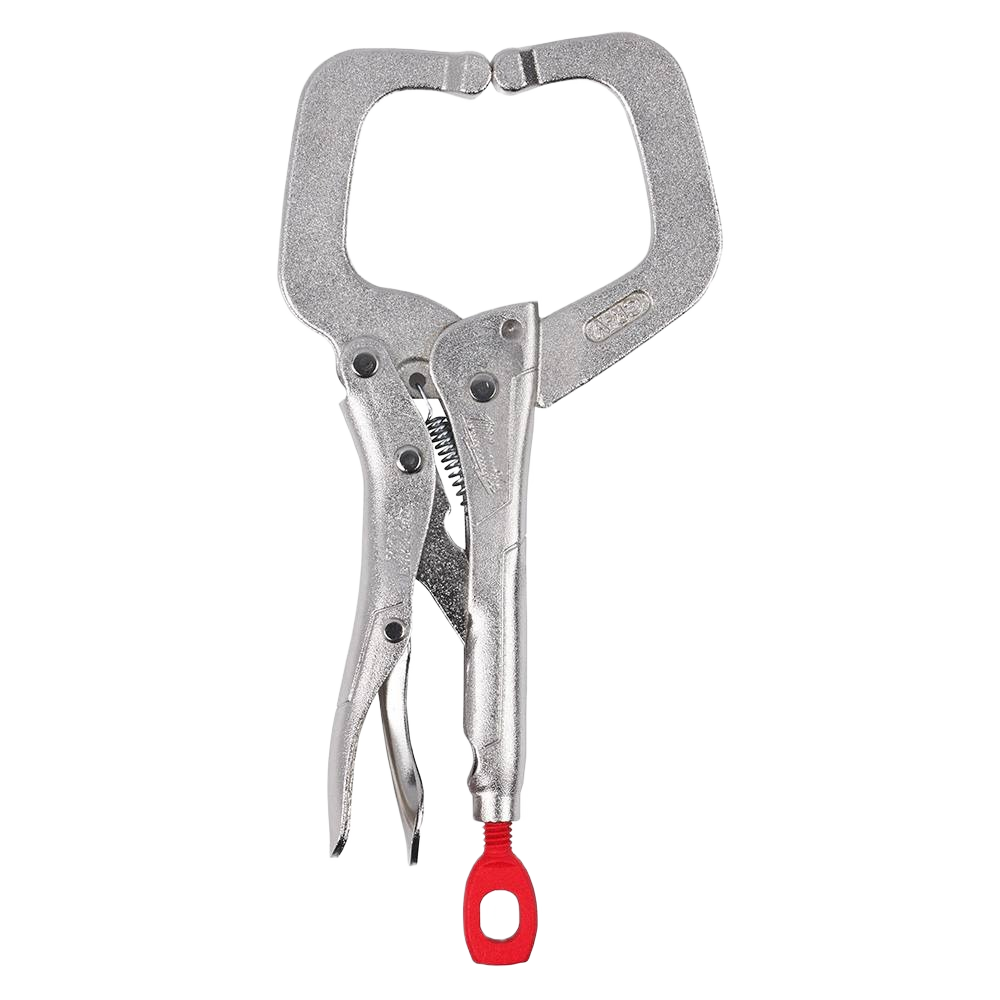 Silver locking C-clamp with regular jaws and red handle loop for secure grip in tools and home improvement projects