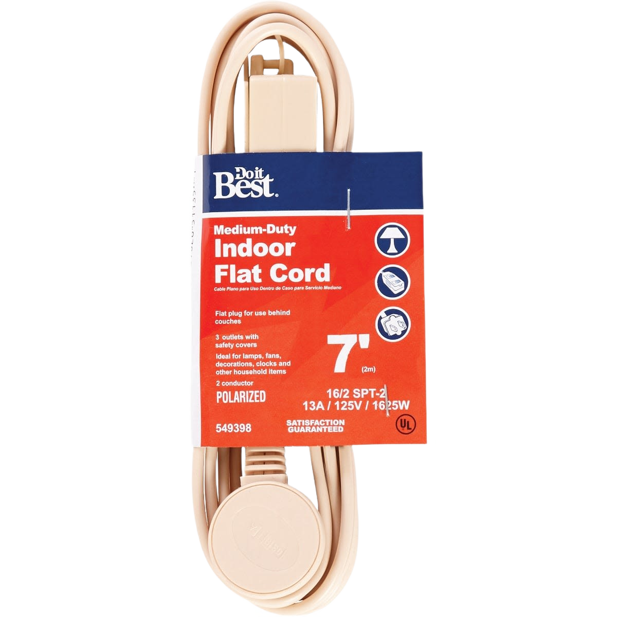Tan flat plug extension cord with three outlets and safety covers for indoor home improvement use