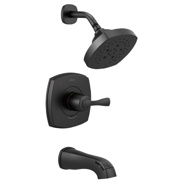 Matte black showerhead and tub faucet trim with lever handle for bathroom faucets and plumbing upgrades