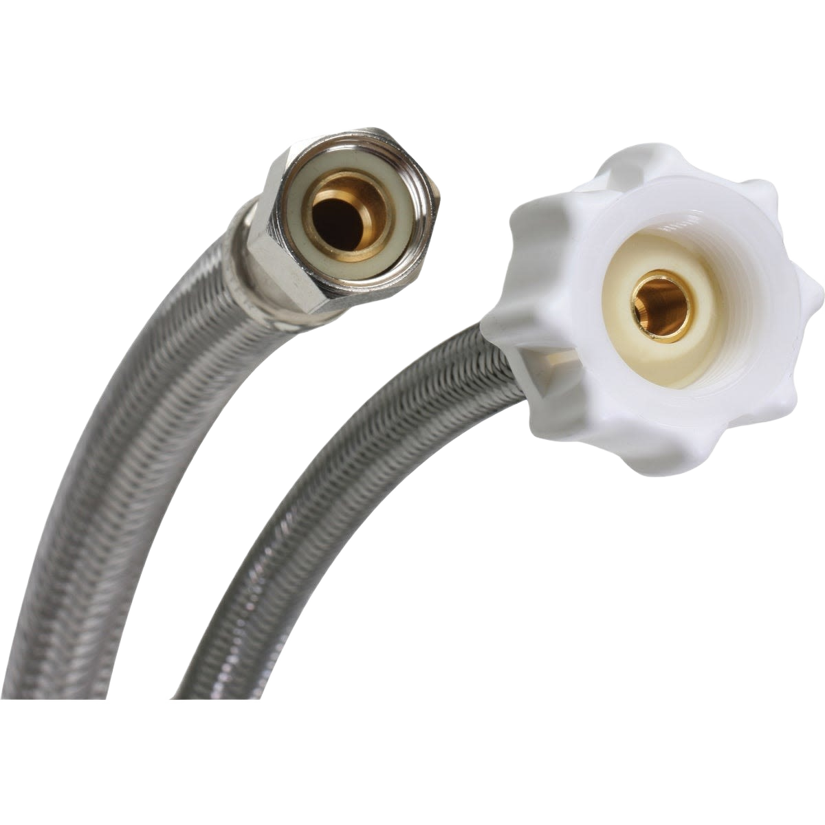 Braided stainless steel toilet connector with polymer core and brass fittings for plumbing parts and home improvement projects