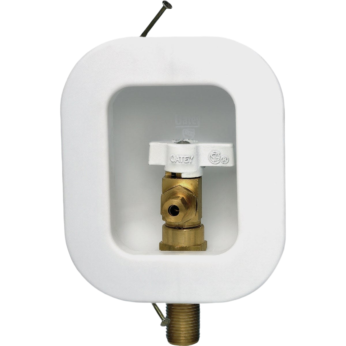 White plastic ice maker outlet box with brass valve and mounting nails for home improvement plumbing installations