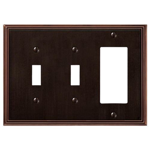 Aged bronze metal switch plate cover with two toggle and one decorator opening for home improvement projects