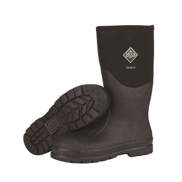 Black steel toe chore boots with rugged sole designed for durable work and home improvement tasks.