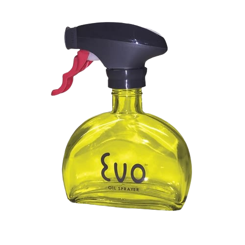 Yellow glass oil sprayer bottle featuring a black and red trigger, designed for kitchen storage and food preparation tasks