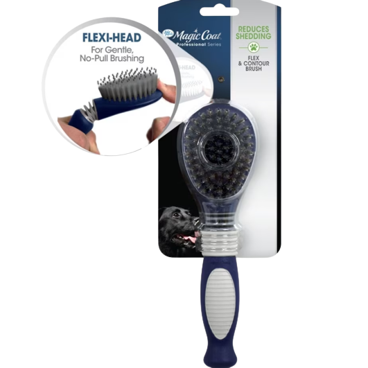 Blue and gray flexible head pet bristle brush designed to reduce shedding with ergonomic handle for gentle grooming