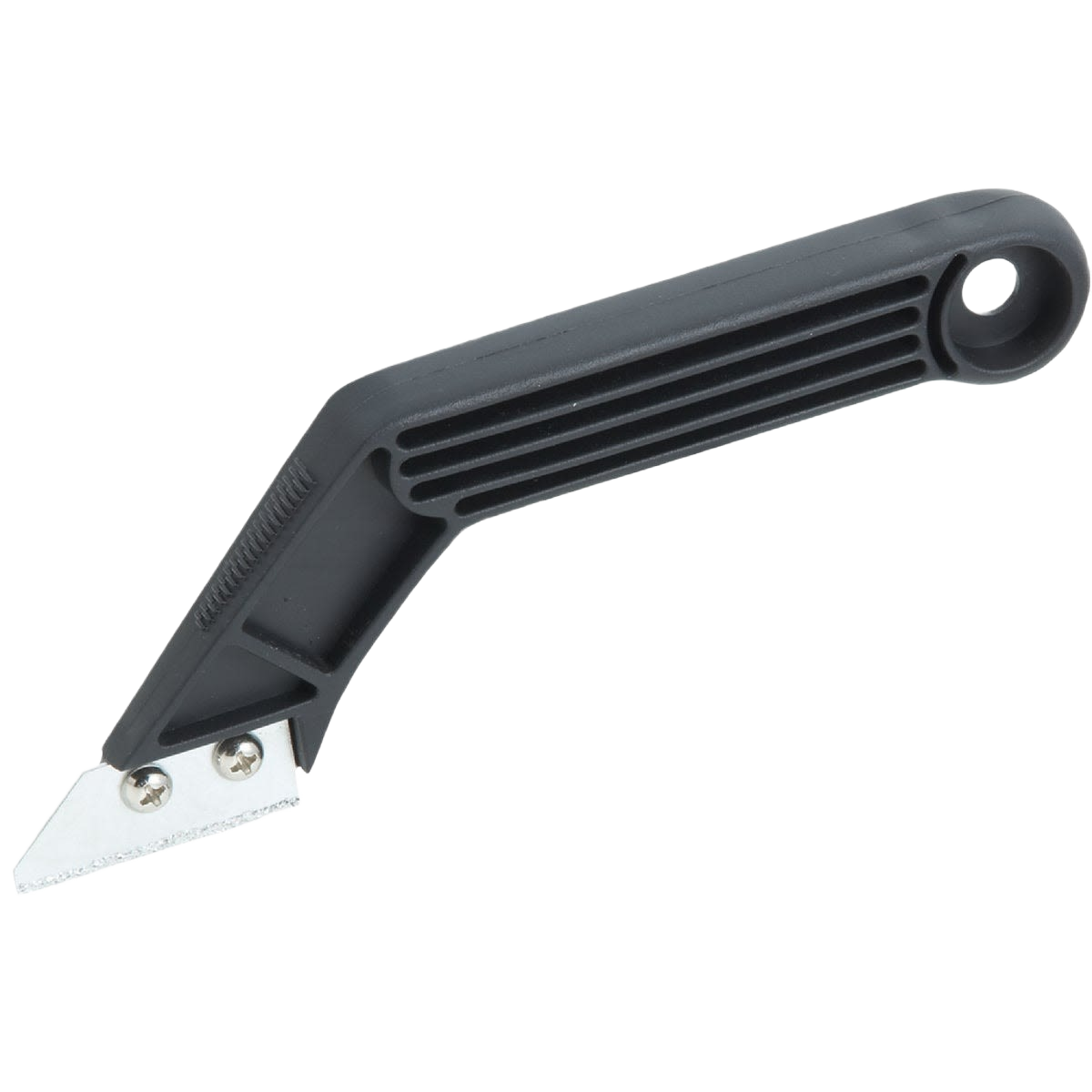 Hand tool with ergonomic black handle and sharp metal blade for grout removal in flooring tools and home improvement.
