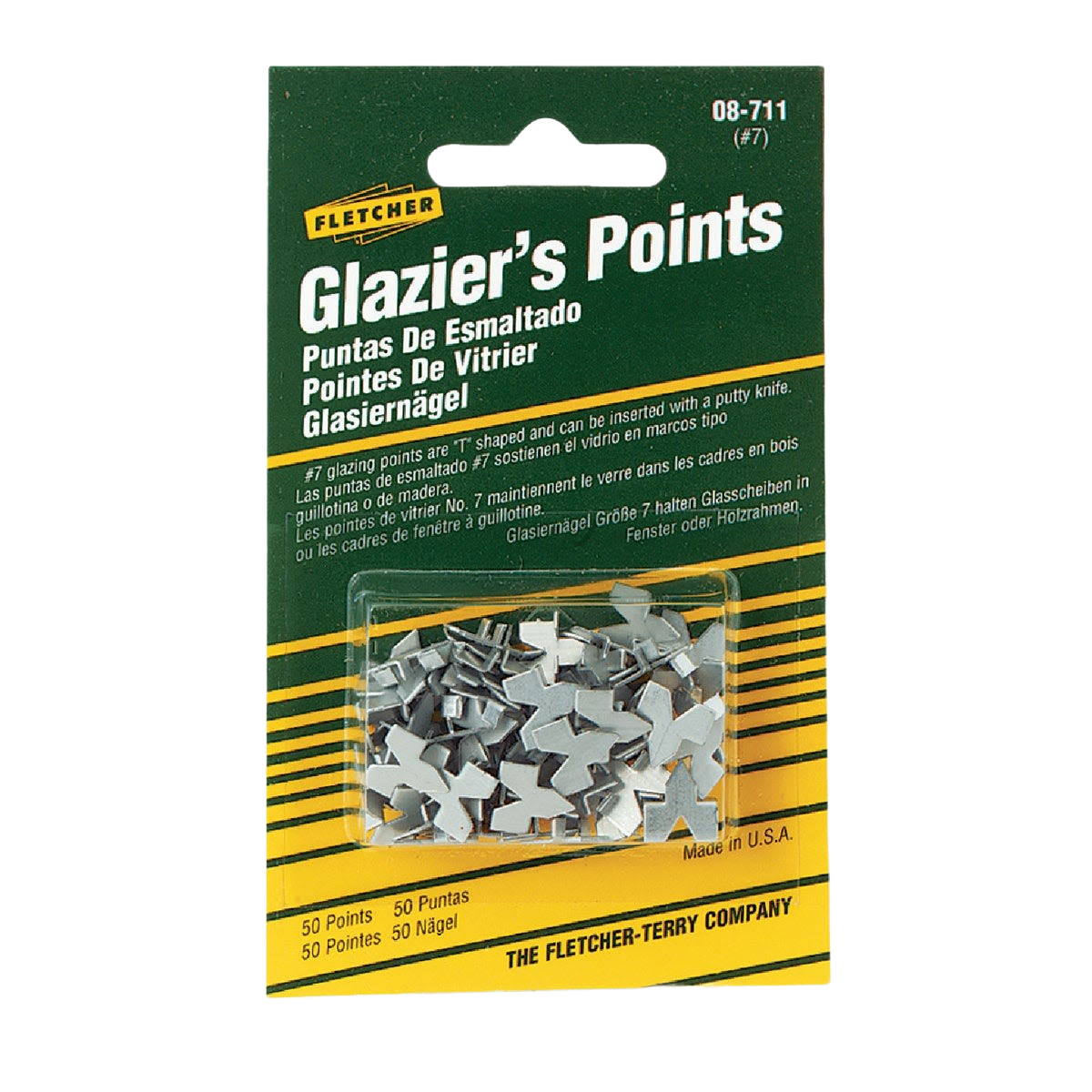 Package of silver T-shaped glazier points for securing glass in wooden frames for tools and home improvement projects