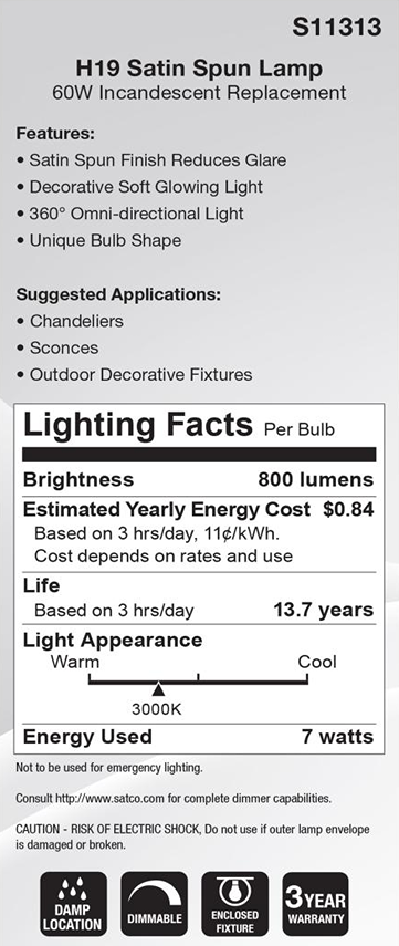 Lighting facts label for 7 watt satin spun lamp with 800 lumens, soft glowing light, and dimmable feature for home improvement.
