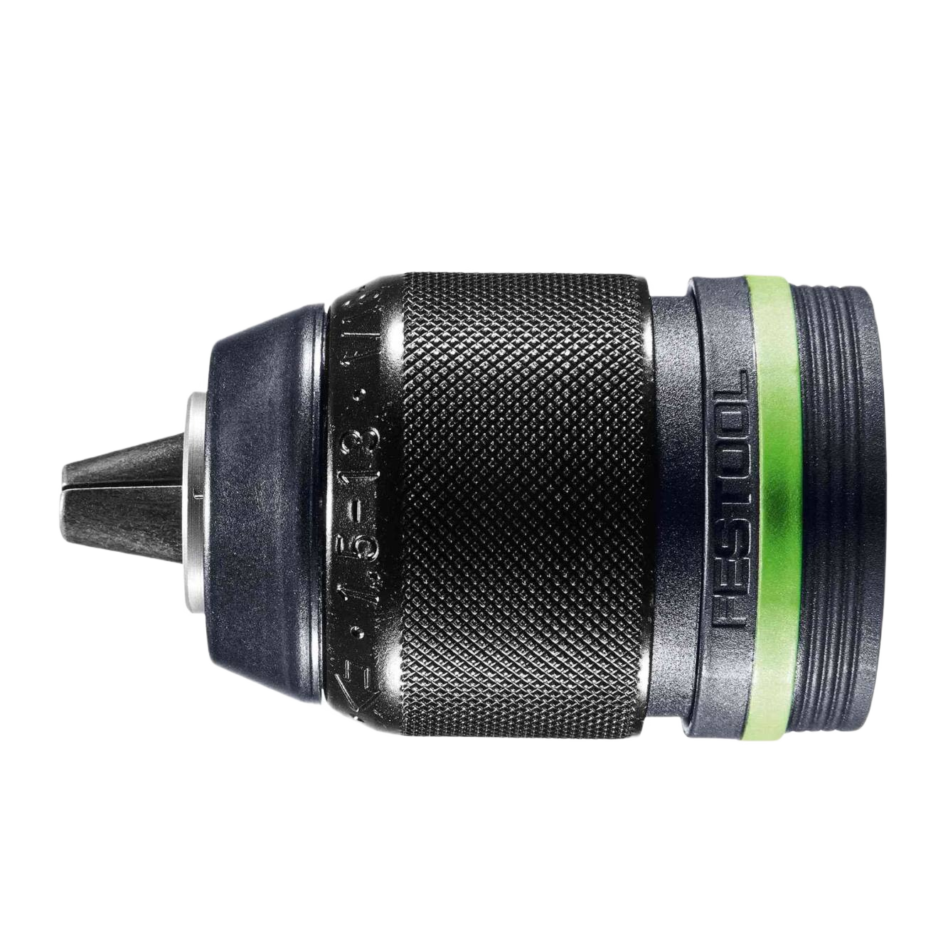 Keyless drill chuck with textured grip and green accent ring for home improvement and tools projects