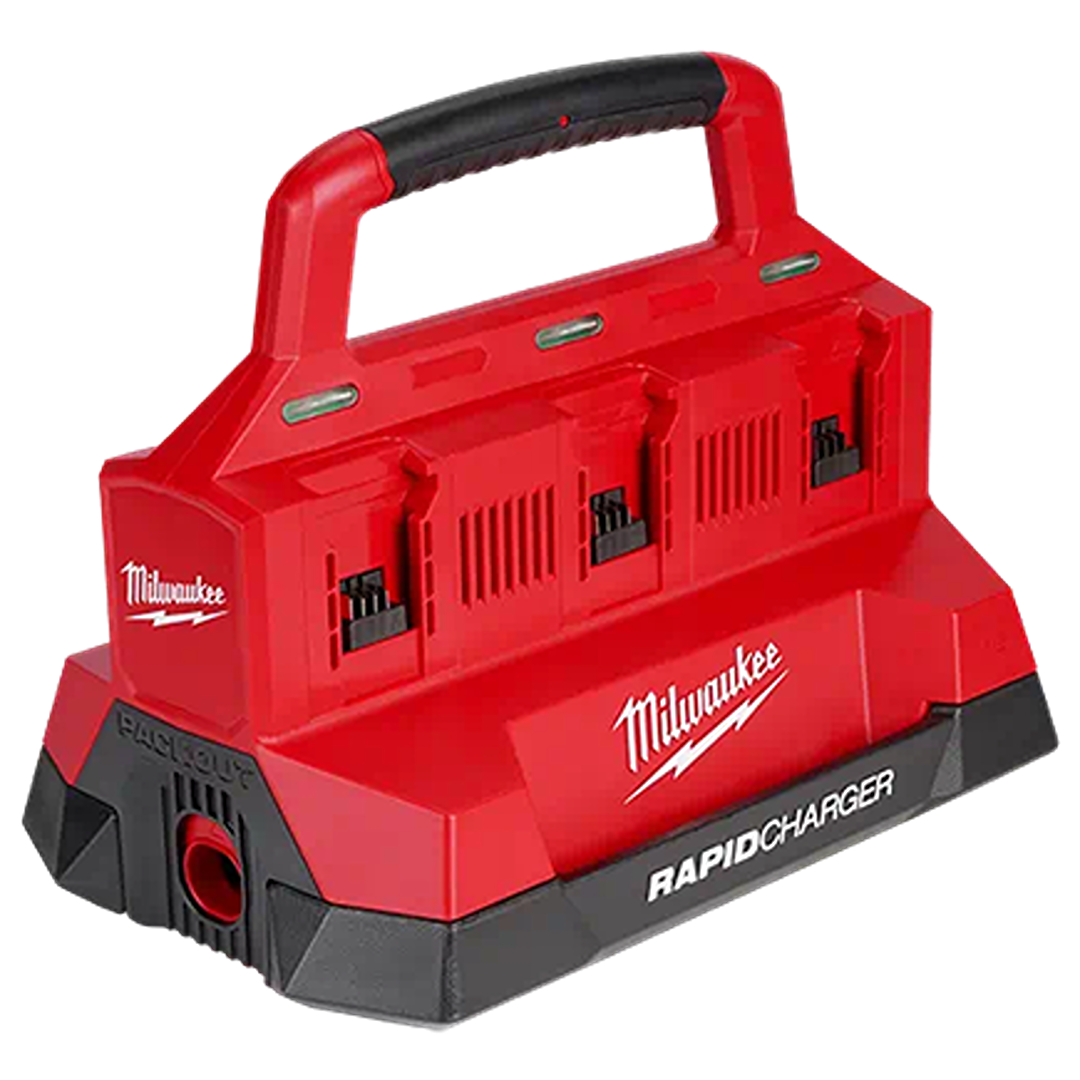 Red six-port rapid charger with handle designed for efficient charging of power tool batteries in home improvement tasks