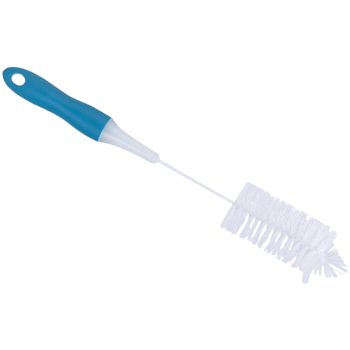 Bottle brush with white PET bristles and blue rubber grip for versatile cleaning in Cleaning Tools and Home Improvement collections