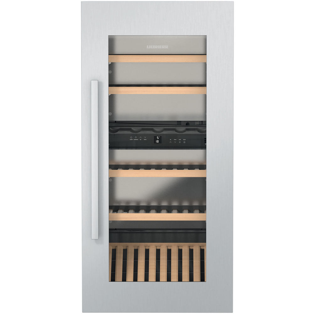 Stainless steel dual-zone wine cooler with glass door and wooden shelves for kitchen and appliance collections
