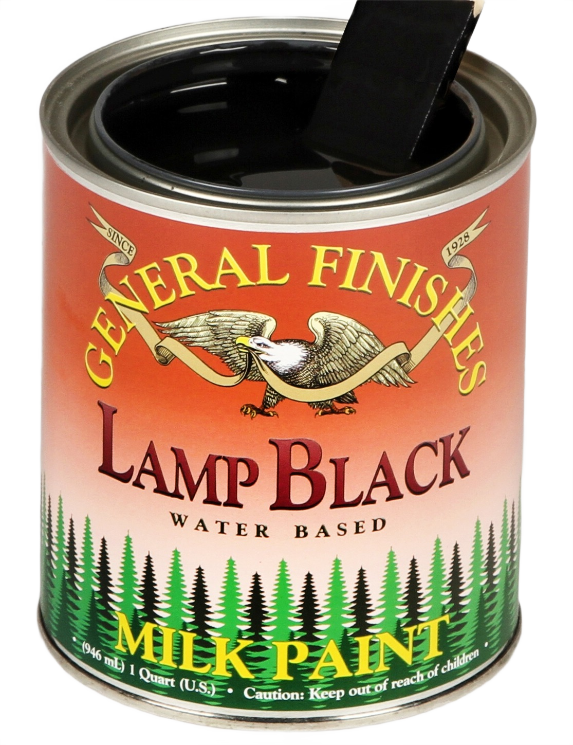 Open can of water-based black milk paint with label featuring eagle and pine tree design in specialty paint collection under $50