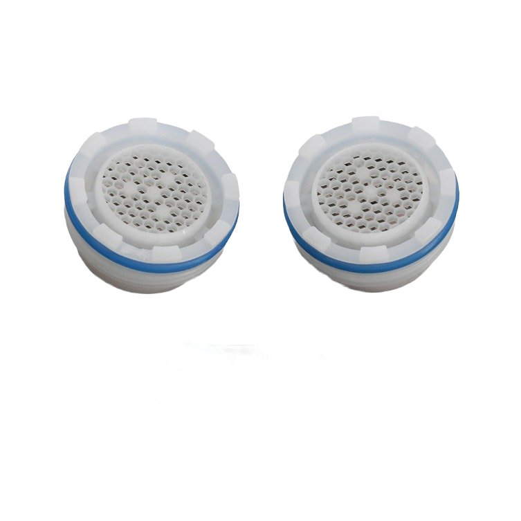 Two white water-saving faucet aerator inserts with blue sealing rings for plumbing repair and home improvement