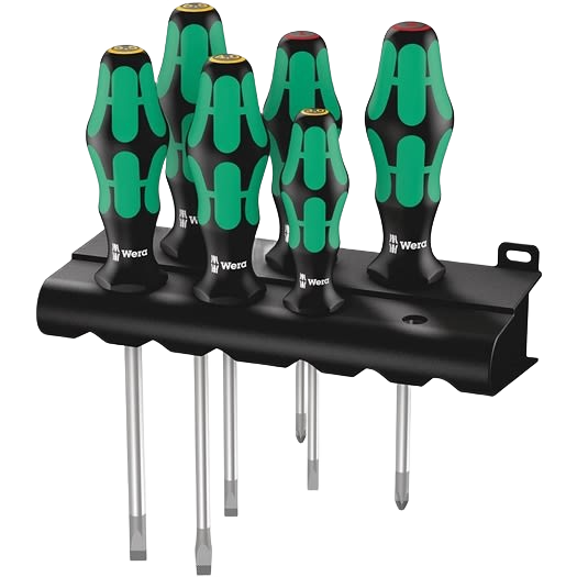 Set of six green and black screwdrivers with Kraftform handles in a black rack for tools and home improvement projects