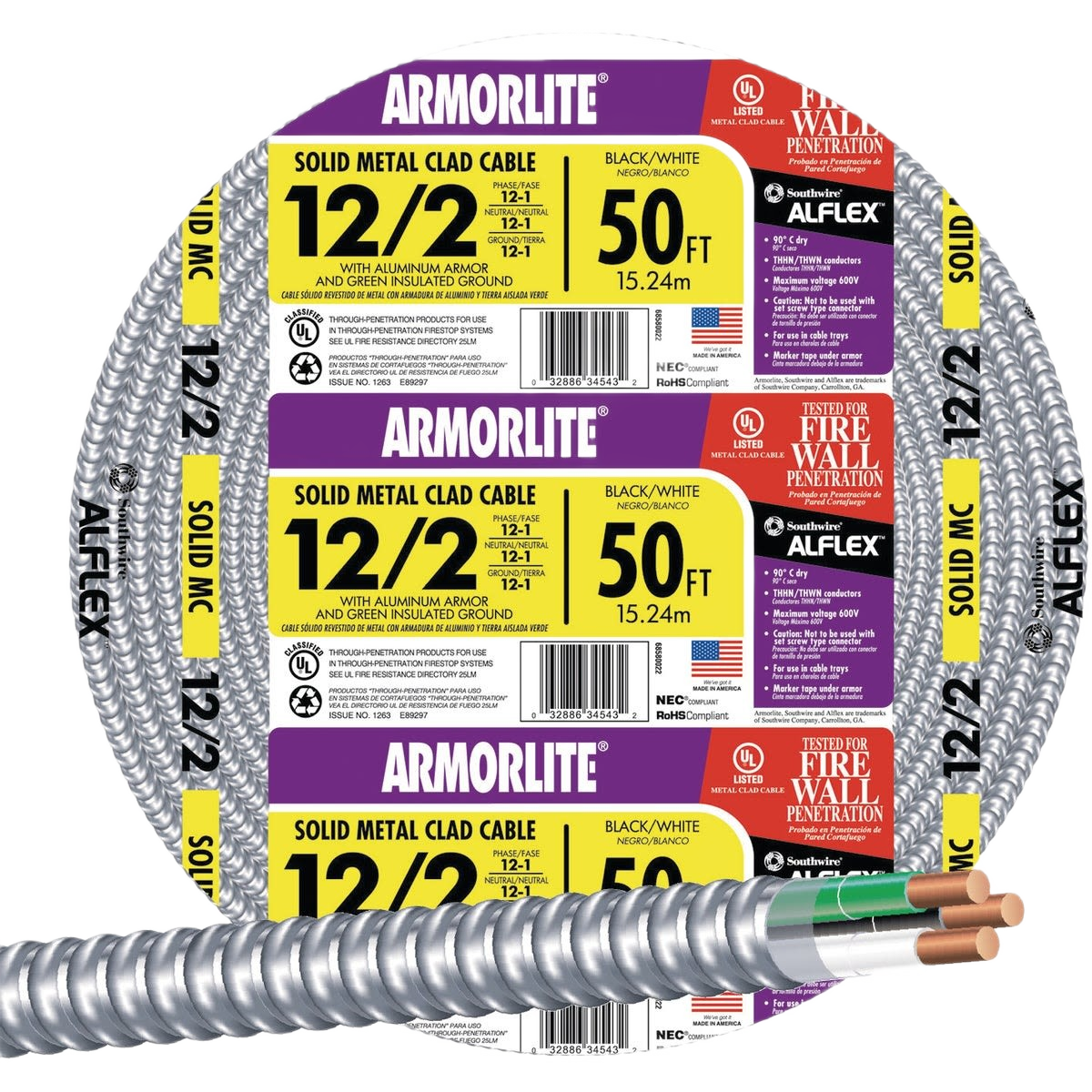 Coiled 50-foot 12/2 aluminum armored cable with solid metal clad protection for home improvement use