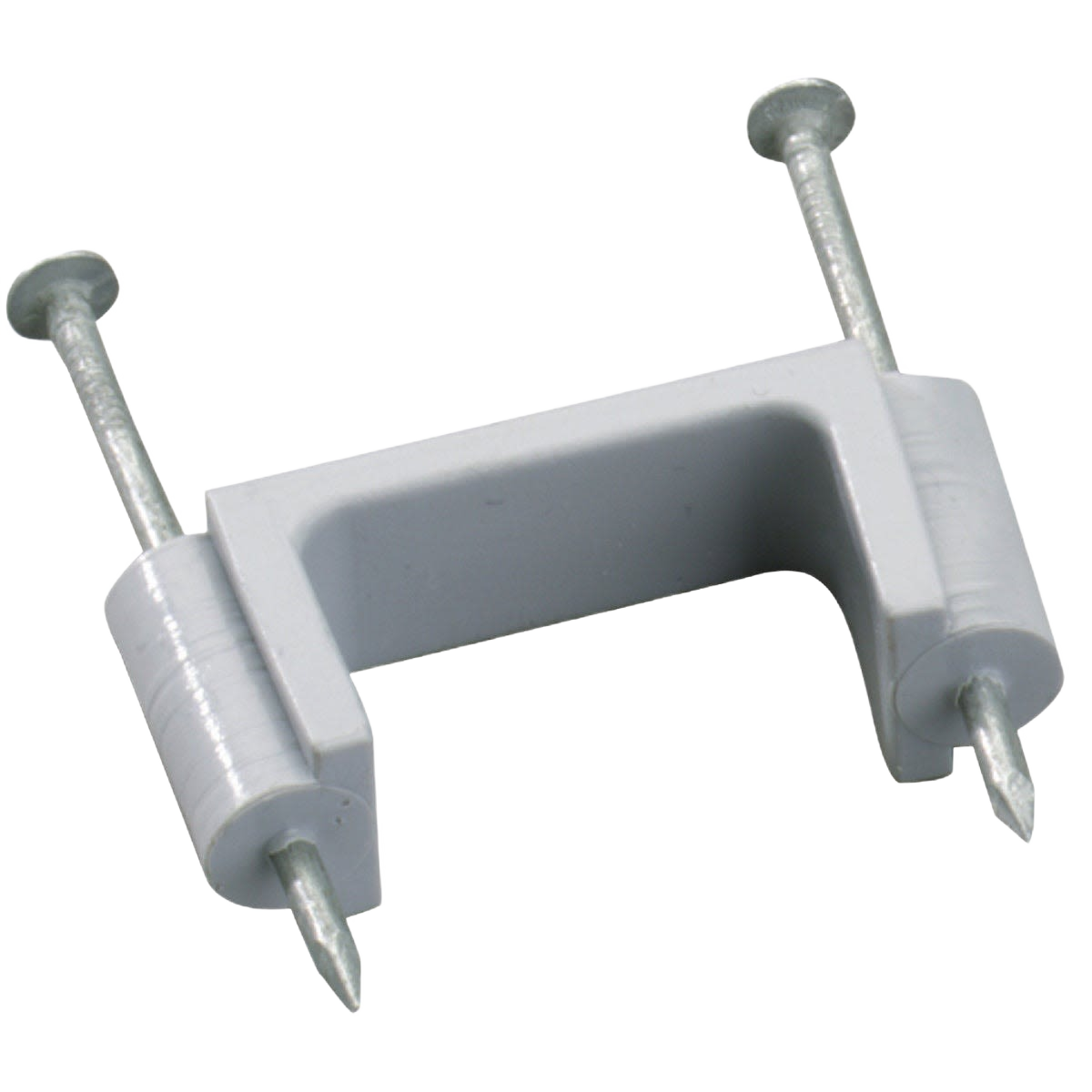 Gray plastic cable strap with pre-attached galvanized nails for securing wire in home improvement projects