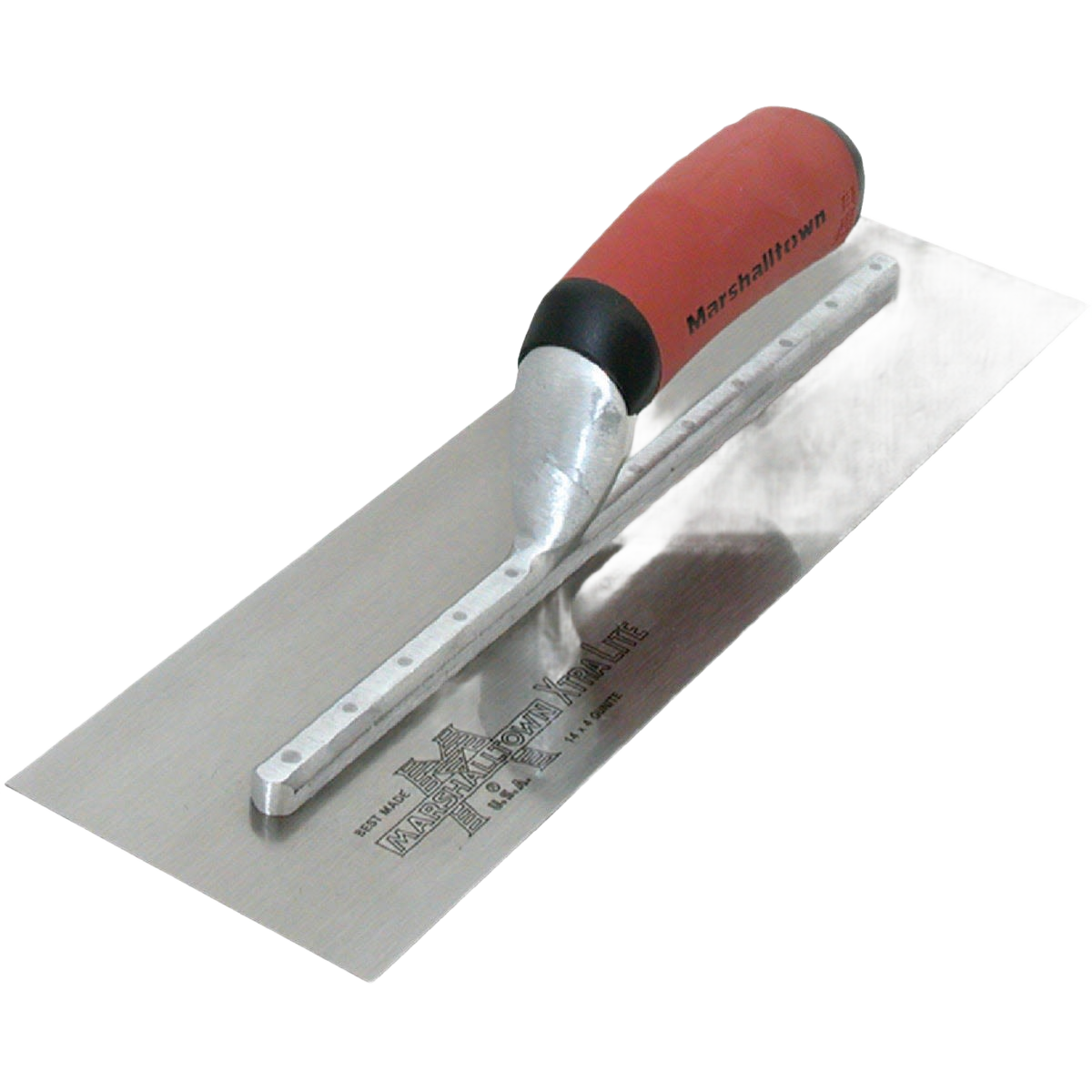 Finishing trowel with high carbon steel blade and red ergonomic handle for precision smoothing in home improvement tasks