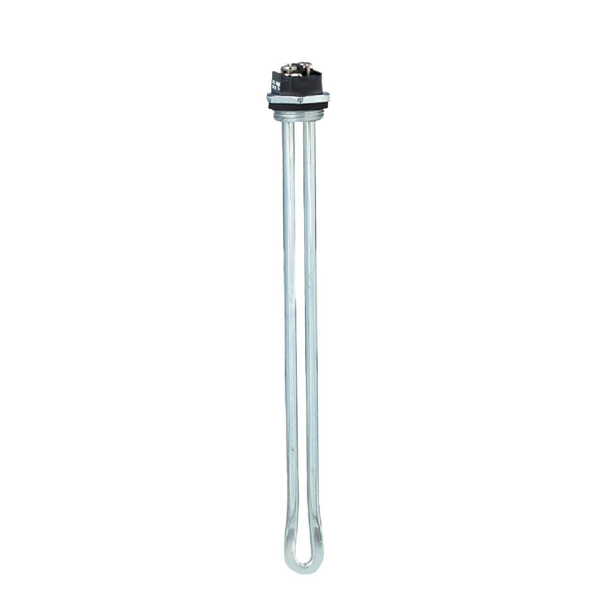 Silver screw-in heating element for water tanks with black electrical connection for home improvement use