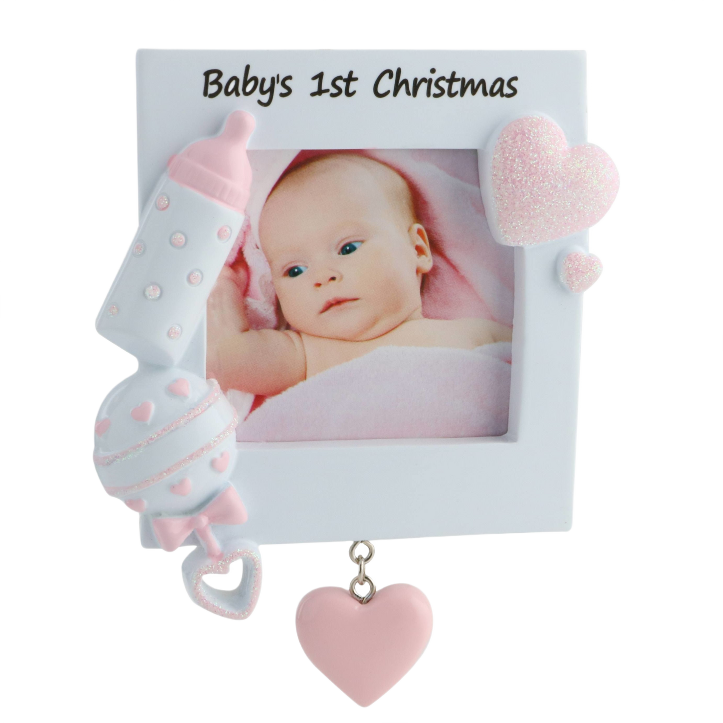 White frame ornament with sparkly pink baby bottle and hearts for baby's first Christmas in holiday decoration collection