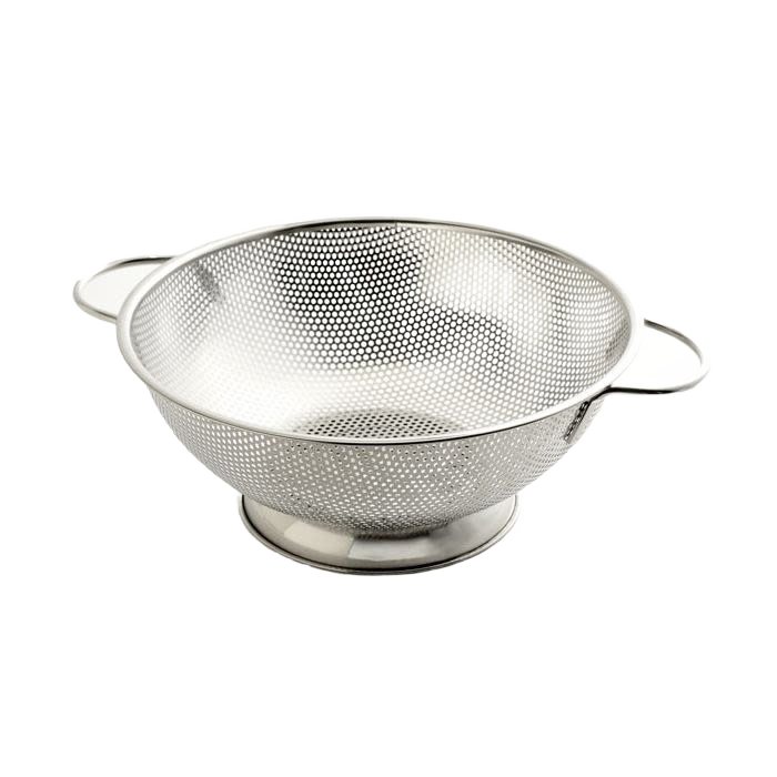 Stainless steel kitchen colander with side handles and perforated bowl for draining and rinsing foods under $50 collection