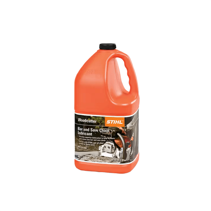 Orange plastic gallon container of STIHL bar and chain oil with black cap and label showing chainsaw image