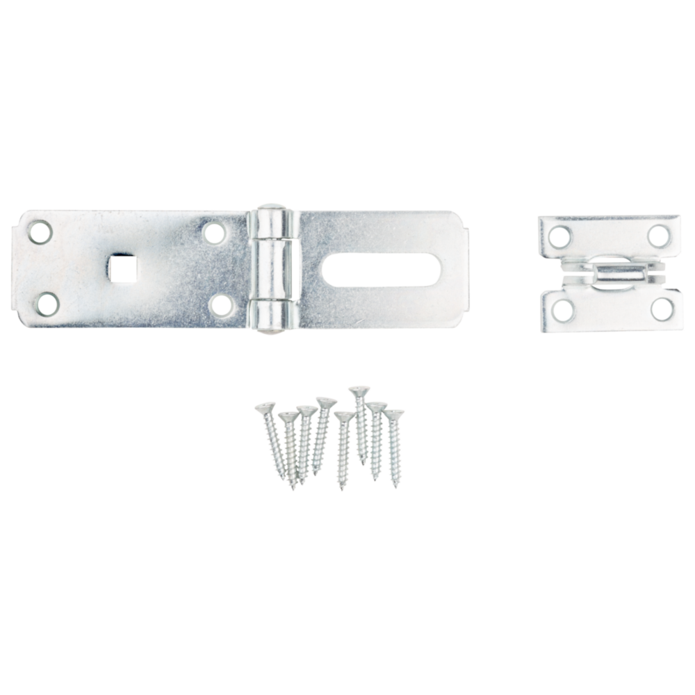 Zinc-plated latch hasp with hinge and screws for securing doors in door and gate accessories collections