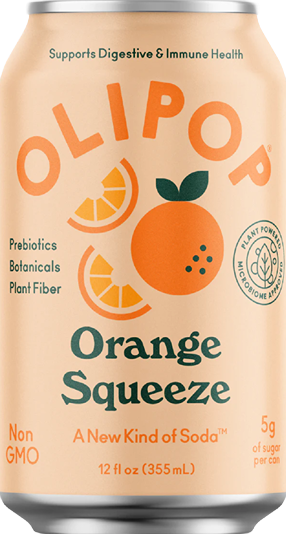 Can of Olipop Orange Squeeze prebiotic soda with citrus illustration in drinks and food & beverage collection