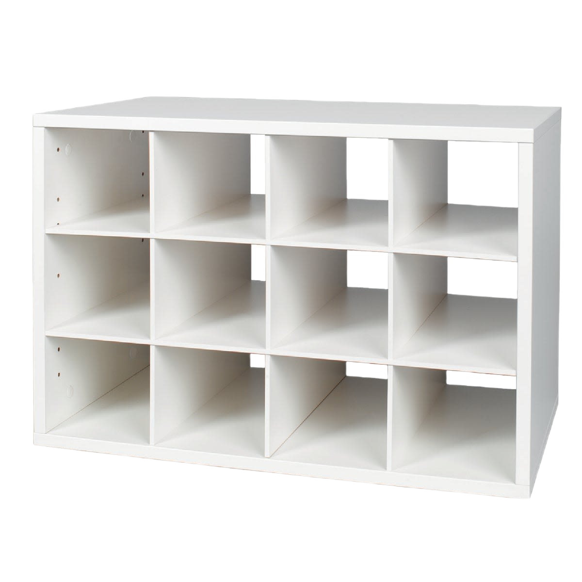 White modular storage box with 12 compartments and built-in shoe cubby for dorm and home organization