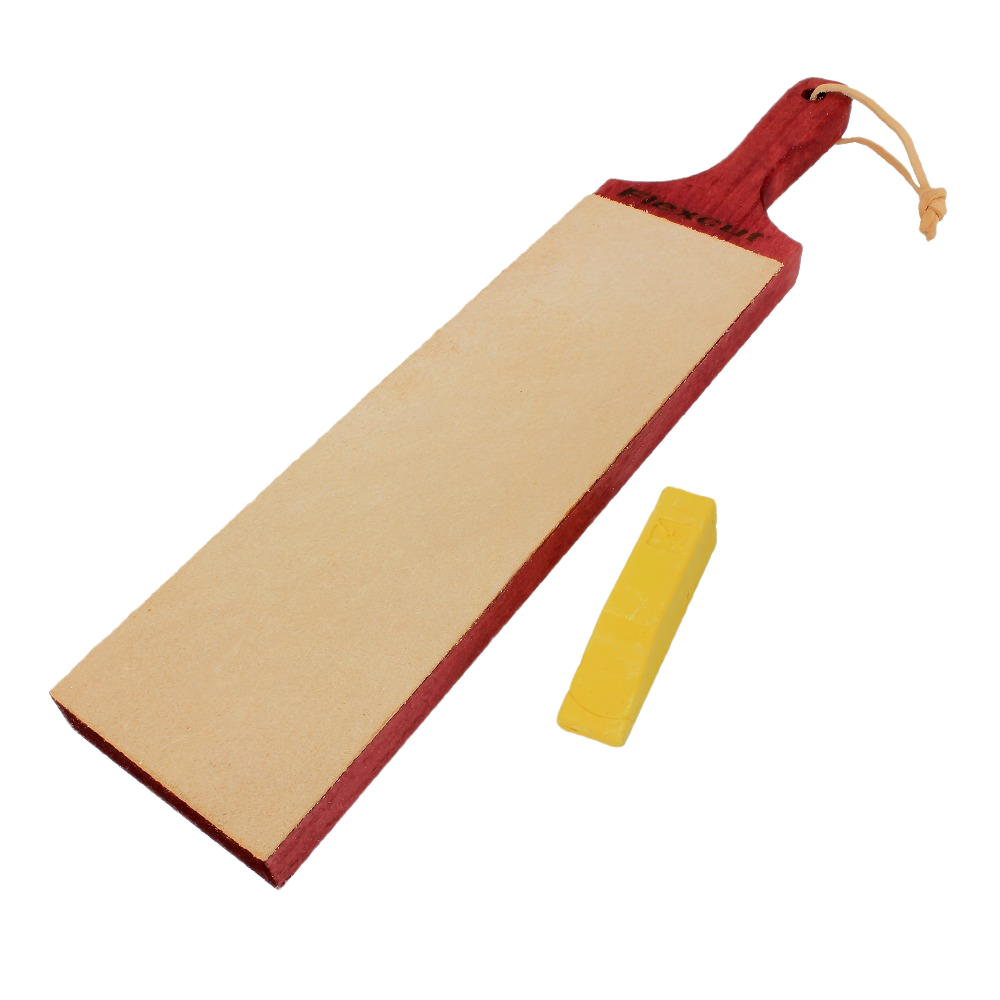 Wooden paddle strop with leather surface and yellow sharpening compound bar for tool honing and maintenance