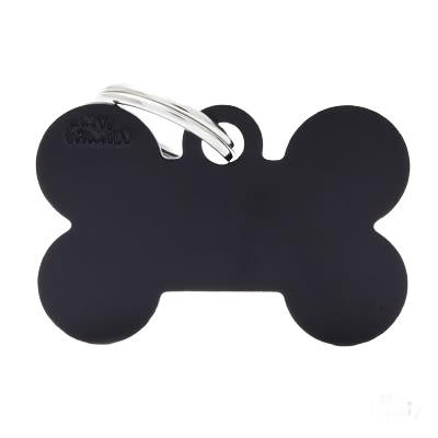 Large black bone-shaped pet ID tag with attached silver metal ring for secure pet identification