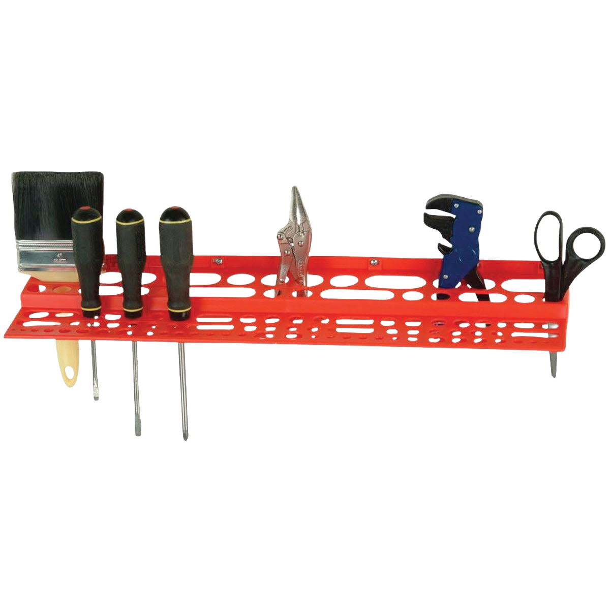 Red plastic tool rack with mounting holes holding various hand tools for workshop organization and home improvement projects