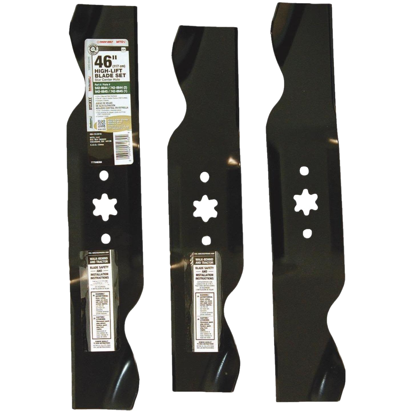 Set of three black steel replacement lawn mower blades with star-shaped center mounting holes for home improvement use