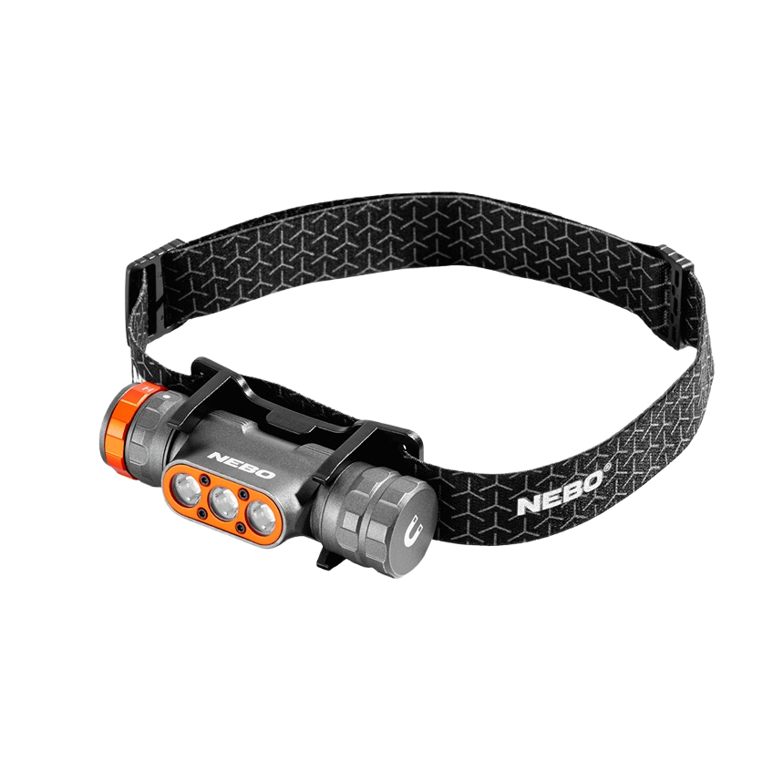 Compact rechargeable headlamp with adjustable black strap and orange accents for tools and home improvement tasks