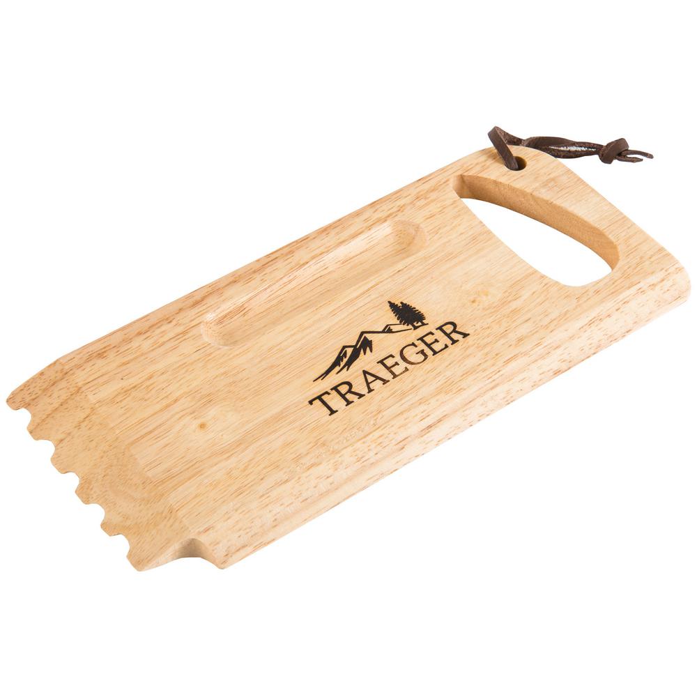 Wooden grill scraper with ergonomic handle and notched edge for cleaning barbecue grates in tools and home improvement use