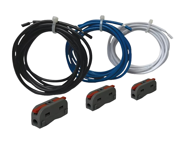 Bundle of black, blue, and white wire extension cords with black connectors for ceiling fan accessories and home improvement tasks