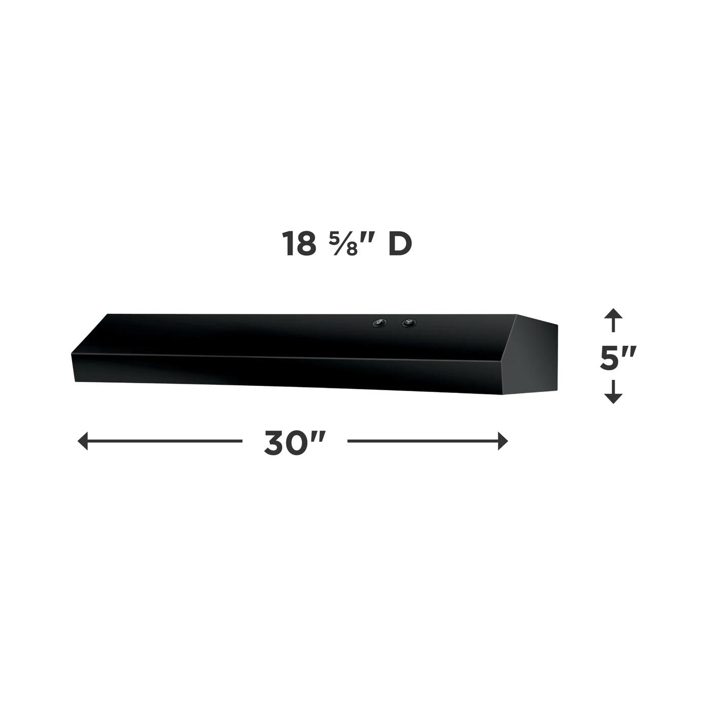 Black 30-inch overhead range hood with compact depth and height, designed for kitchen appliances and over the range hoods collections