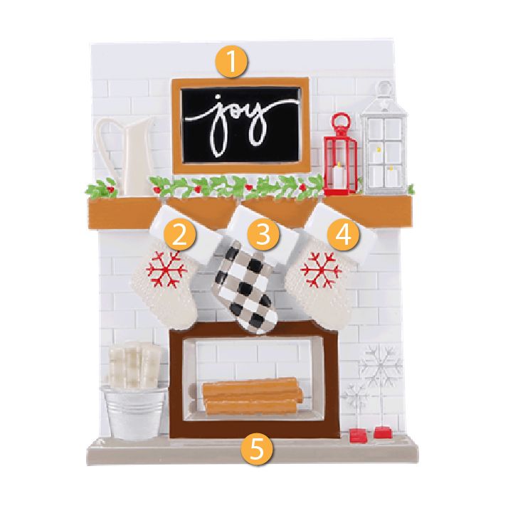 Cozy fireplace ornament with personalized family of 3 stockings, festive greenery, and holiday lanterns under 50 dollars