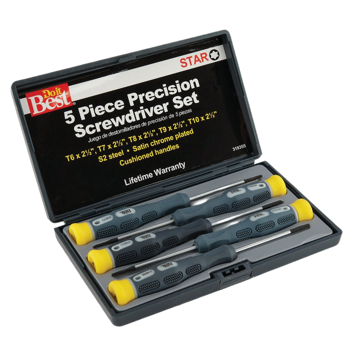 Compact 5-piece precision star screwdriver set with cushioned grips and satin chrome-plated tips in a black carrying case