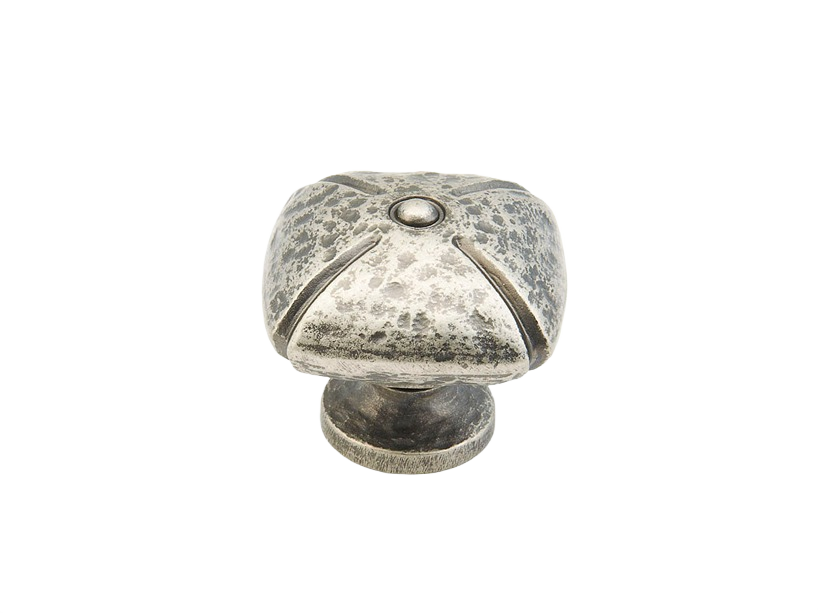 Square cabinet knob with Vibra Nickel finish and rustic textured surface for furniture hardware and home improvement projects