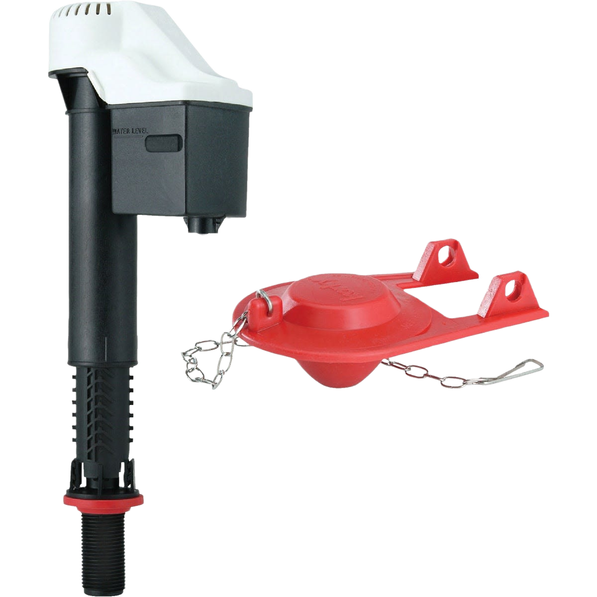 Black and white fill valve with red premium flapper kit for toilet repair and plumbing parts under $50