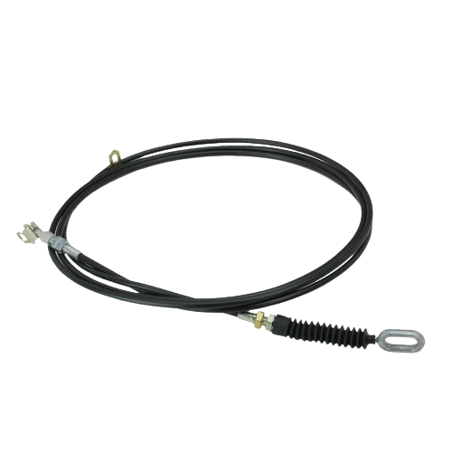 Black throttle cable with metal fittings and protective rubber boot for automotive and John Deere engine parts collections