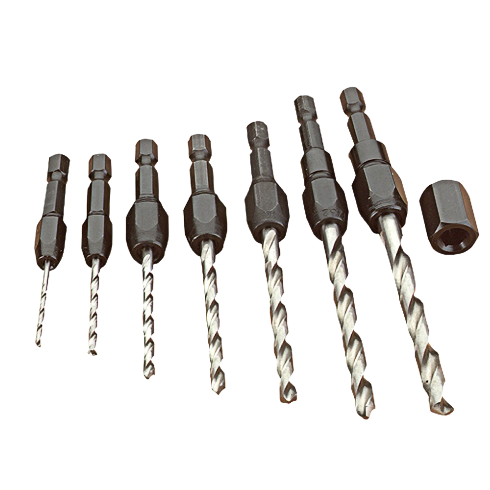 Set of seven metal drill adapters with hex shanks for use in power tool accessories and woodworking tool collections