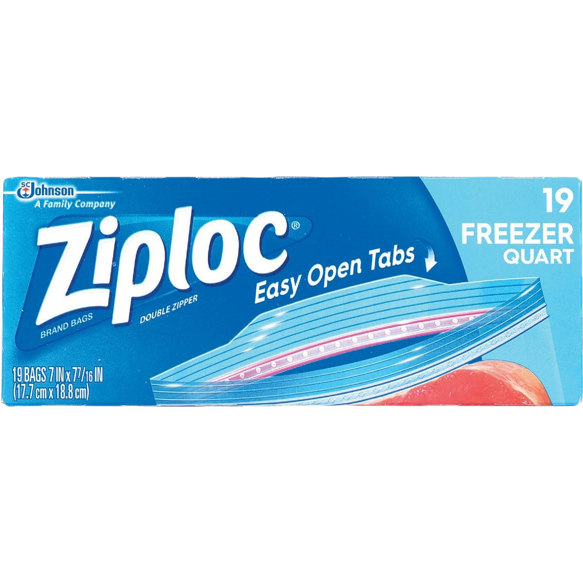 Box of 19 quart-sized freezer bags with double zipper and easy open tabs for kitchen and food storage organization