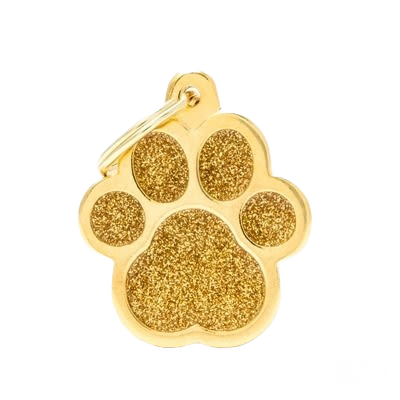 Large gold glitter paw-shaped pet ID tag with metal ring for attaching to collars or harnesses