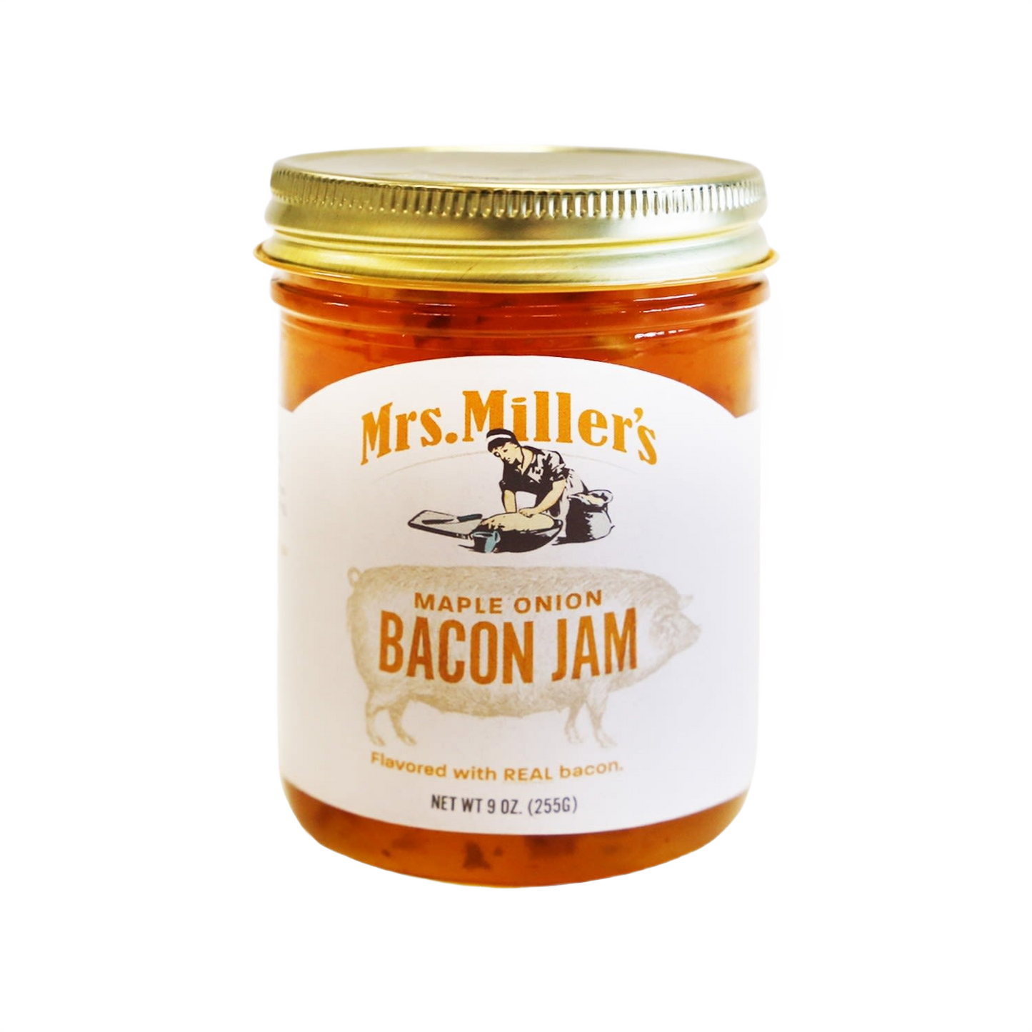 Glass jar of maple onion bacon jam with metal lid in jams and jellies food and beverage collection