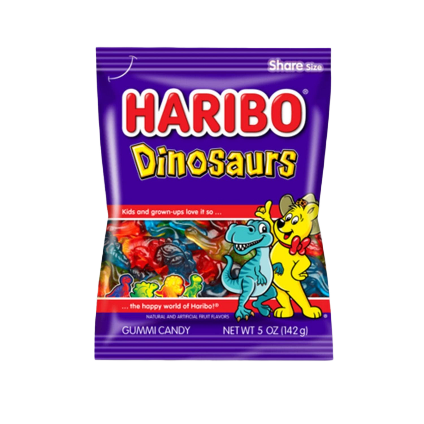 Colorful dinosaur-shaped gummy candies in a purple bag from the chocolates and candies collection under $50