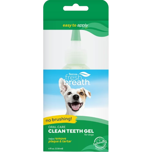 TropiClean fresh breath clean teeth gel for dogs in green and blue packaging with smiling dog image